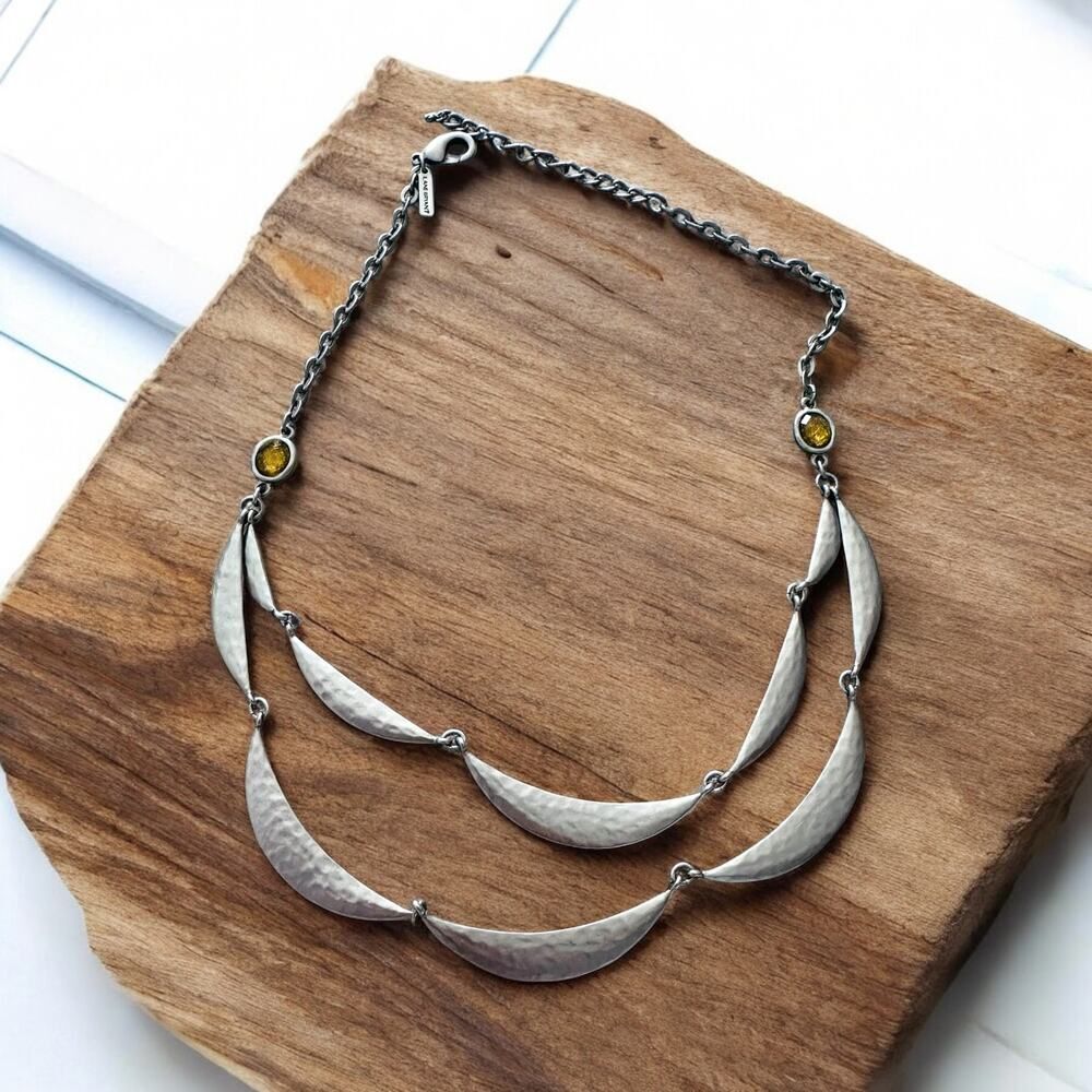 Lane Bryant Hammered Hammered Metal Double Strand Necklace/Yellow Glass Accents